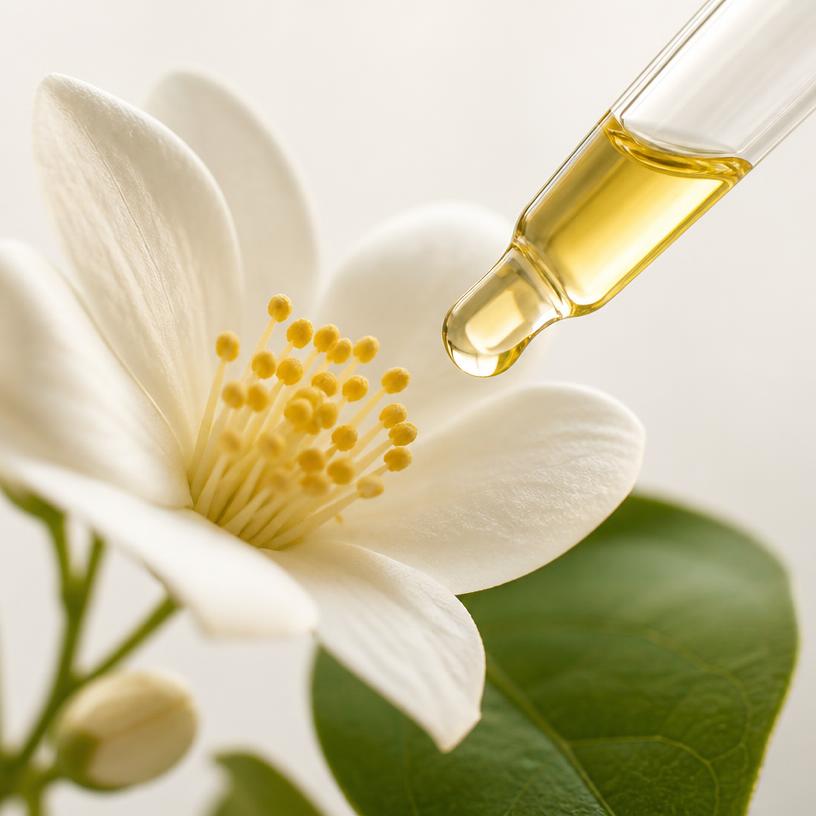 Madurai jasmine blossom with an essential oil dropper